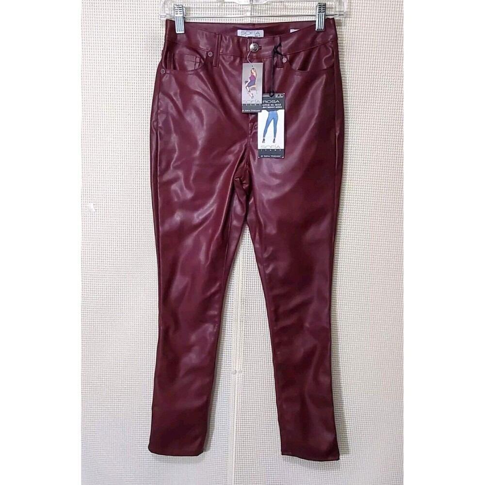 Sofia Vergara Jeans Women 00 Rosa Curvy Skinny Ankle Faux Leather Pants Burgandy